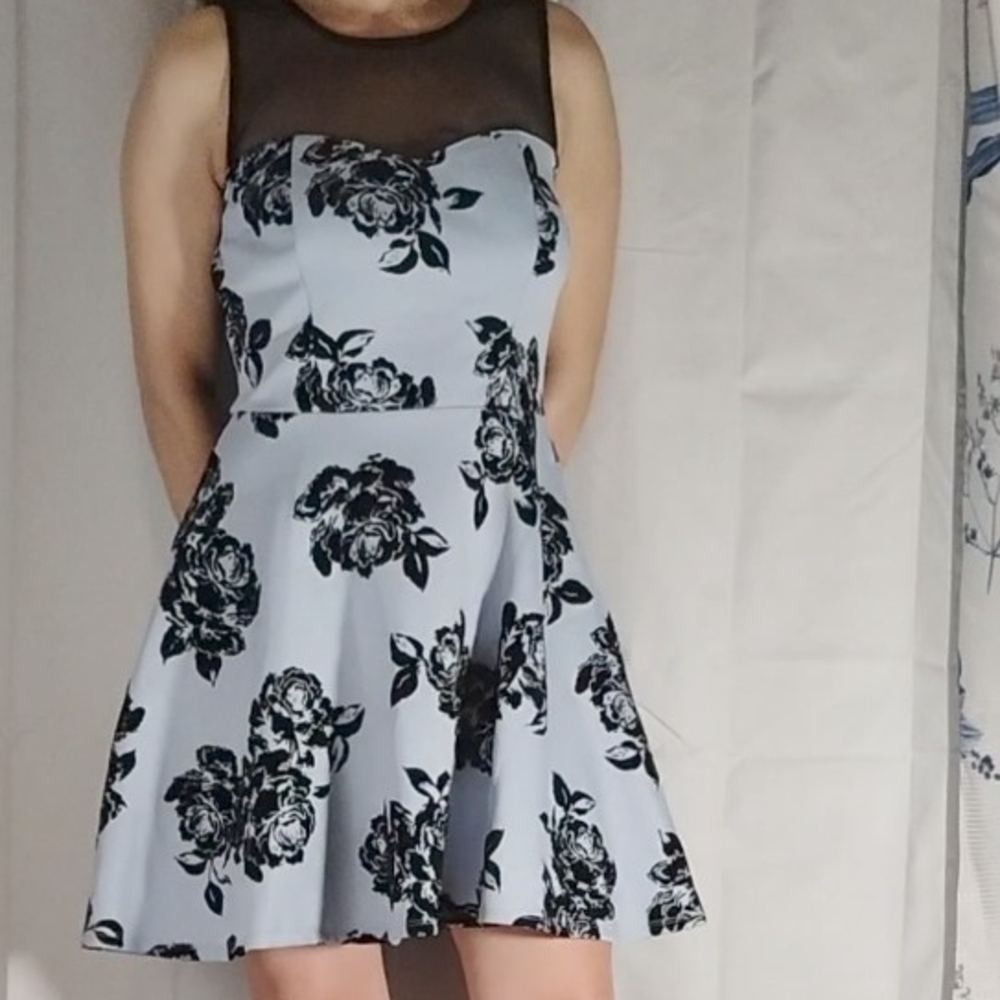 Trixxi Black Floral Mini Dress with Sheer Neckline Size S